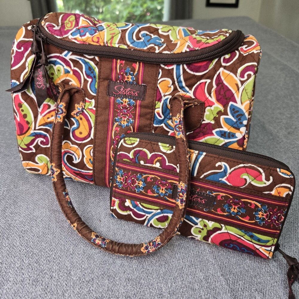 Longaberger Sisters Satchel & Wallet Set Brown Paisley Floral Quilted Purse Bag